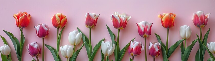A panoramic floral arrangement with blooming tulips and soft pastel tones, soft tones, fine details, high resolution, high detail, 32K Ultra HD, copyspace