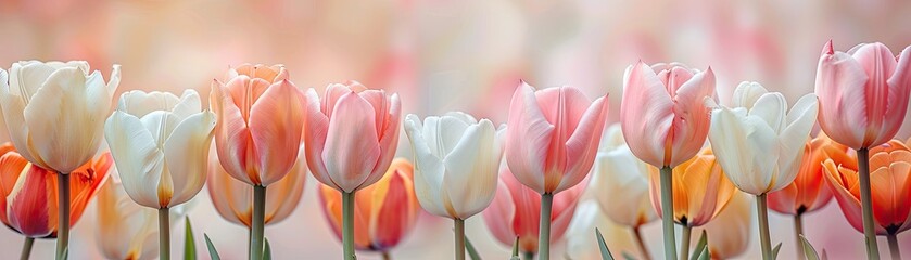 A panoramic floral arrangement with blooming tulips and soft pastel tones, soft tones, fine details, high resolution, high detail, 32K Ultra HD, copyspace