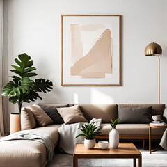 A paper size ISO frame mockup, Living room wall poster mockup, Interior house background mockup. Modern interior design in 3D rendering. Generative AI. V-4