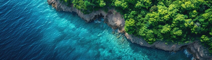 A stunning aerial view of a lush tropical coastline with vibrant green trees meeting the crystal-clear turquoise water
