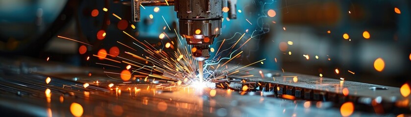 Close-up of an automated welding process with sparks, showcasing precision engineering, soft tones, fine details, high resolution, high detail, 32K Ultra HD, copyspace