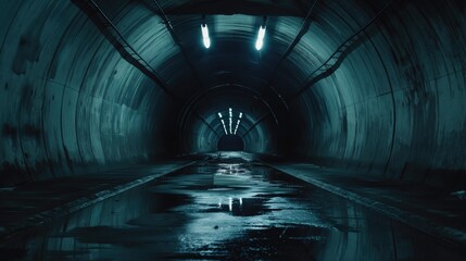 Dark and creepy underground tunnel with no people and artificial lighting