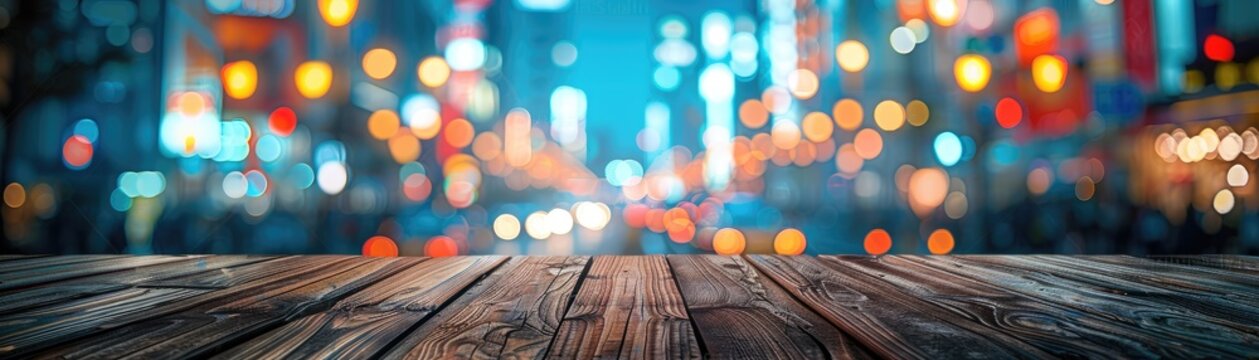 Blurred lights of a bustling city street at night, foreground wooden surface, soft tones, fine details, high resolution, high detail, 32K Ultra HD, copyspace