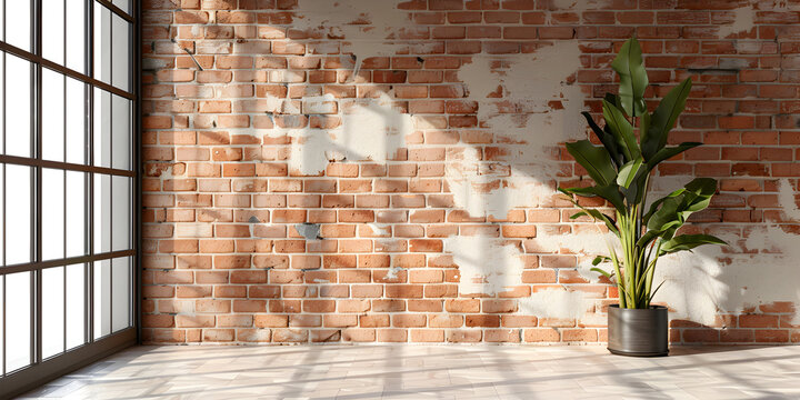Empty room with lights and shadows from big window in loft style with copy space. Brick wall mockup background with wooden floor and home plants.
