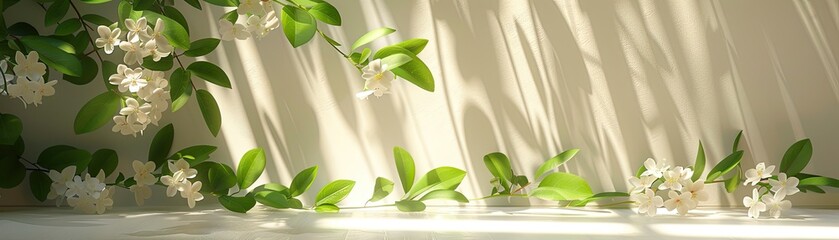 Elegant floral podium arrangement with shadows from sunlight filtering through leaves, soft tones, fine details, high resolution, high detail, 32K Ultra HD, copyspace