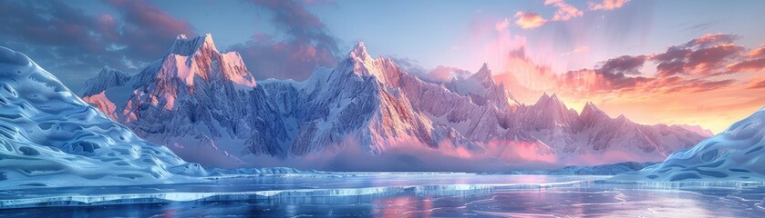 Frozen mountainous backdrop with a stylish icy platform for showcasing, soft tones, fine details, high resolution, high detail, 32K Ultra HD, copyspace