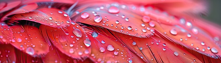 Glistening dew drops adorn the vibrant red feathers of a bird, soft tones, fine details, high resolution, high detail, 32K Ultra HD, copyspace