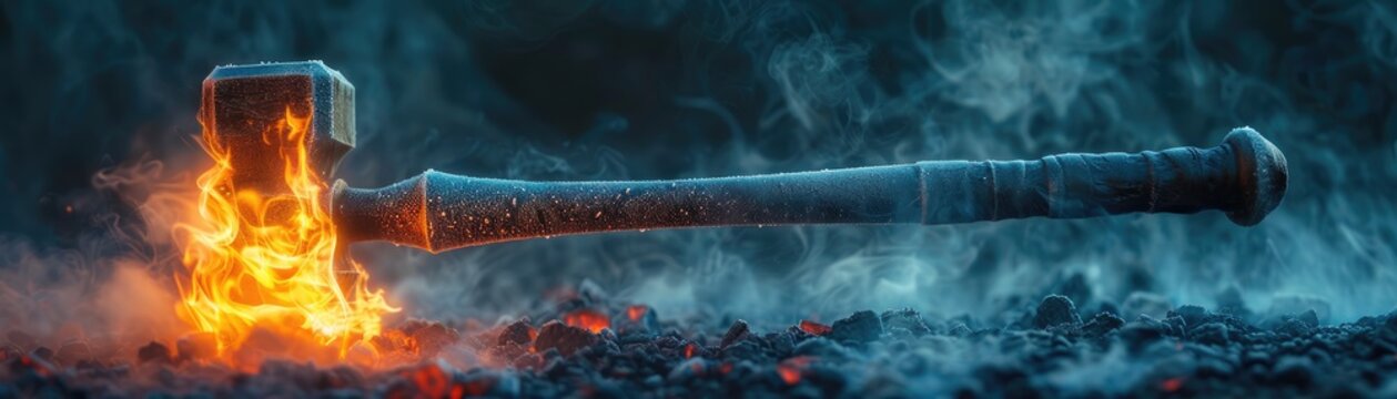 Gavel on fire with a frosty handle in a dramatic smoky setting, soft tones, fine details, high resolution, high detail, 32K Ultra HD, copyspace