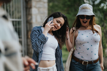 A joyful scene of two young women having fun outdoors, with one taking photos with her smart phone, capturing the laughter and joy of friendship.