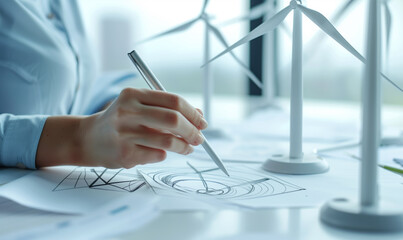 A woman engineer works in office on drawings of wind turbines. Female architect student working on project