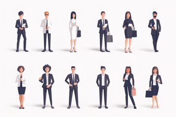 Business people. A set of characters of men and women in office attire of different races and ages. Colleagues vector icon, white background, black colour icon