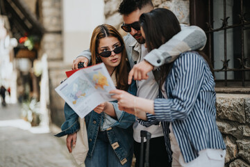 Three young tourists with a map are engaged in planning their sightseeing route in a sunny, picturesque old town during their trip.