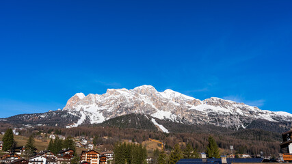 view from Cortina d'Ampezzo of the beautiful Dolomite massif Le Tofane. Veneto, Italy