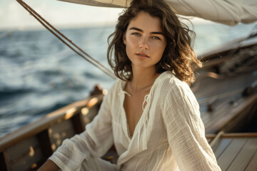 Beautiful woman in white linen blouse sit and relax on the sailboat. Generative AI - obrazy, fototapety, plakaty