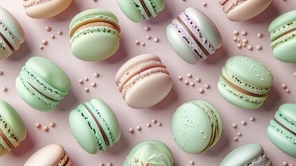 Fototapeta premium Set of french macaroons in pastel colors isolated on pink background, flat lay, top view
