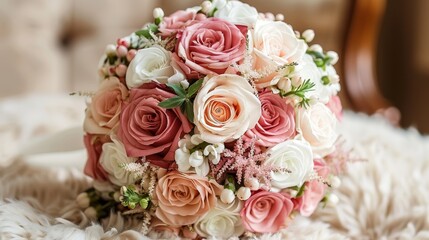   A white furniture displays a bridal bouquet of pink and white blooms against a wooden chair backdrop