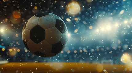 Fototapeta premium Close up of a soccer ball rolling on the playing field on a rainy night. AI Generated