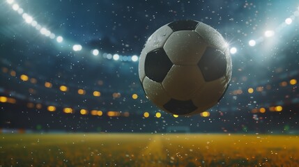 Close up of a soccer ball rolling on the playing field on a rainy night. AI Generated