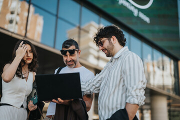 Three professionals of varying ages discuss work and analyze data on a laptop in an informal outdoor business meeting.