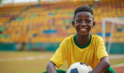 Naklejka premium African American boy in yellow and green football uniform smiling and holding ball in stadium