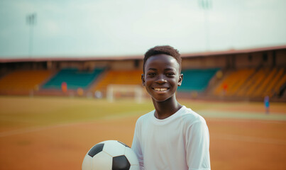 African American boy in black and white football uniform smiling and holding ball in stadium - 788769403