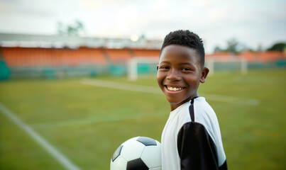 African American boy in black and white football uniform smiling and holding ball in stadium - 788769428