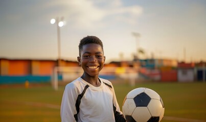 African American boy in black and white football uniform smiling and holding ball in stadium - 788769439