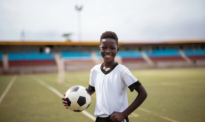 African American boy in black and white football uniform smiling and holding ball in stadium - 788769440