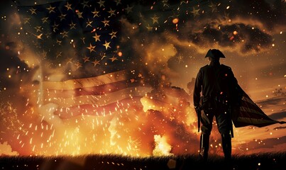 A soldier standing against the background of the American flag and bright bokeh, a banner for Independence Day - 788769475