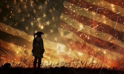 A soldier standing against the background of the American flag and bright bokeh, a banner for Independence Day