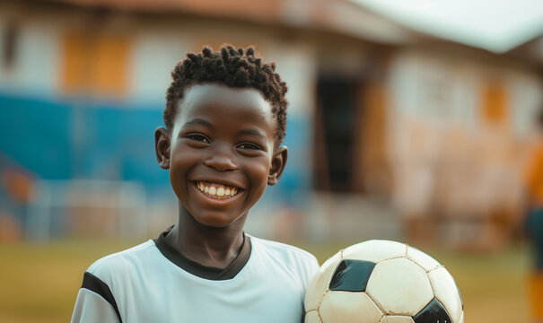 African American boy in black and white football uniform smiling and holding ball in stadium