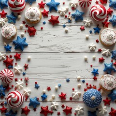 Tasty patriotic cupcakes with flags of USA on a white wooden background. American Independence Day - 788769631