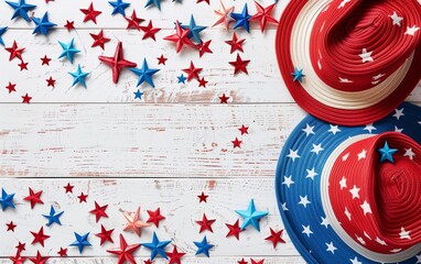 Red white and blue hats and stars on a white wooden background. AI Generated - 788769635