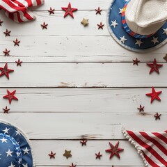 Red white and blue hats, American flag and stars on a white wooden background. AI Generated - 788769654