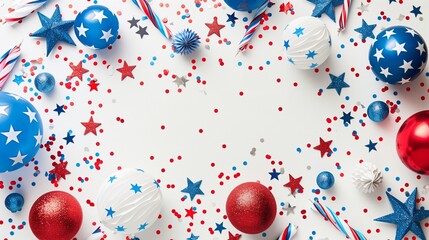 USA Independence Day decorations concept. Top view of red white blue balloons and stars confetti on a gray background - 788769662