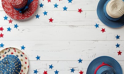 Red white and blue hats and stars on a white wooden background. AI Generated - 788769681