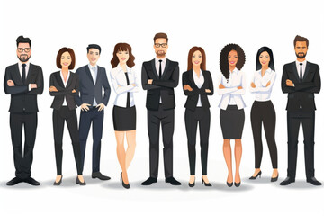 Fototapeta na wymiar Group portrait of smiling office workers. Multicultural business team, colleagues. Happy men and women stand together vector icon, white background, black colour icon