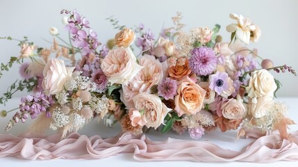   A tight shot of a flower arrangement on a white background, featuring a pink fabric beneath the bouquet