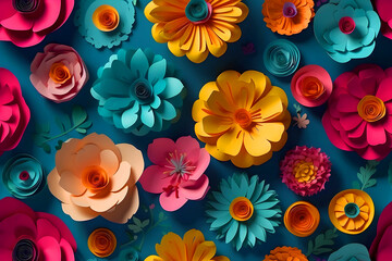A colorful illustration of paper flowers on a plain background.
