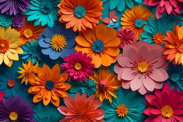 Fototapeta na wymiar A colorful illustration of paper flowers on a plain background.