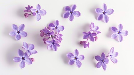 A set of dainty purple lilac flowers delicately arranged against a pristine white backdrop forms an enchanting floral spring design featuring soft shadows in a captivating top down view for