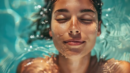 Dewy-skinned woman basks in the joy of summer, her beautiful face radiating with wellness by the pool