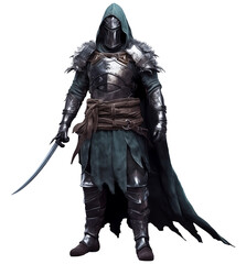Fototapeta premium fantasy mediaeval knight PNG assassin character isolated on white and transparent background - barbarian headgear soldier warrior costume armoring DND Game Assets