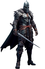 Fototapeta premium fantasy mediaeval knight PNG assassin character isolated on white and transparent background - barbarian headgear soldier warrior costume armoring DND Game Assets