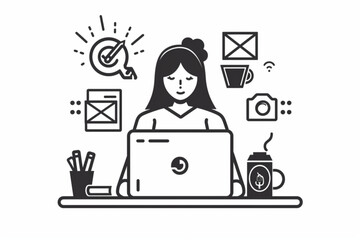 Business woman at desktop. Office employee working on a laptop, group corporate chat and checking mail vector icon, white background, black colour icon