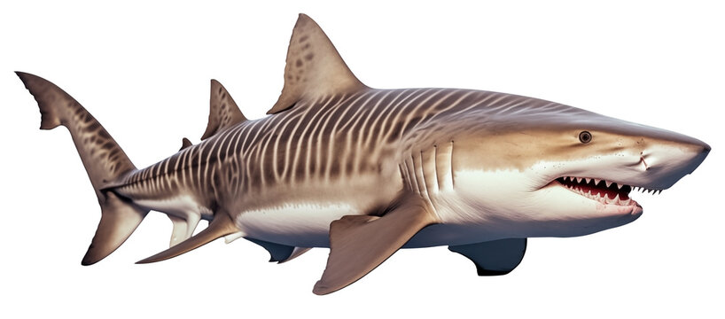 close up to a dangerous tiger shark PNG isolated on white and transparent background - Sea Marine apex predator ichthyology concept