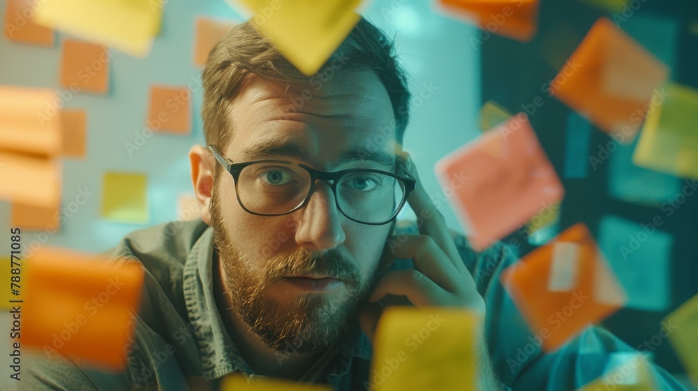 Poster a man with glasses looking at a bunch of post it notes. generative ai.