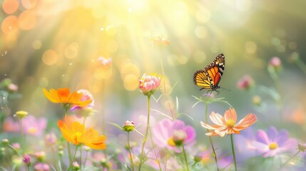 Fototapeta na wymiar Field of colorful cosmos flower and butterfly in a meadow in nature in the rays of sunlight in summer in the spring close-up of a macro