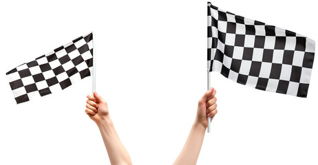 Fototapeta premium hands waving checkered flags PNG isolated on white and transparent background - Racing flags Finish line Cars Rally racing concept