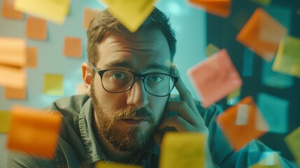 A man with glasses looking at a bunch of post it notes. Generative AI.